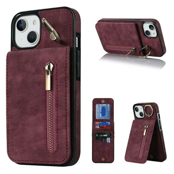 Nalacover for iPhone 14, Wallet with RFID Credit Card Holder and Zipper Pocket,Drop Protection Flip Cover Ring Holder Kickstand with Double Magnetic Clasp For iPhone 14, Winered