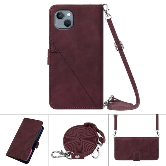 Nalacover For iPhone 15 Card Slot Case,Shockproof Premium PU Leather Magnetic Clasp Flip Stand Wallet for Women Men Cover with Removable Adjustable Crossbody Shoulder Strap,Winered