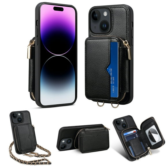 Nalacover for iPhone 15 Crossbody Wallet Case for Women Men,Premium PU Leather Zipper Pocket ID Credit Card Slots Kickstand Phone Case with Removable Metal Shoulder Strap,Black