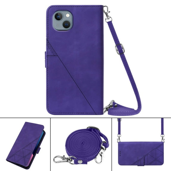 Nalacover For iPhone 15 Plus Card Slot Case,Shockproof Premium PU Leather Magnetic Clasp Flip Stand Wallet for Women Men Cover with Removable Adjustable Crossbody Shoulder Strap,Purple
