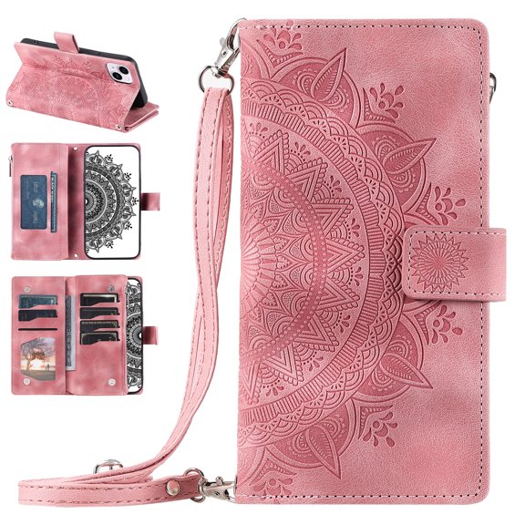 Nalacover for iPhone 15 Plus Embossed Floral Pattern PU Leather Crossbody Case with Shoulder Strap,Shockproof Magnetic Flip Kickstand Credit Card Slots Zipper Pocket Wallet Phone Case,Pink