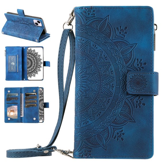 Nalacover for iPhone 15 Plus Embossed Floral Pattern PU Leather Crossbody Case with Shoulder Strap,Shockproof Magnetic Flip Kickstand Credit Card Slots Zipper Pocket Wallet Phone Case,Blue