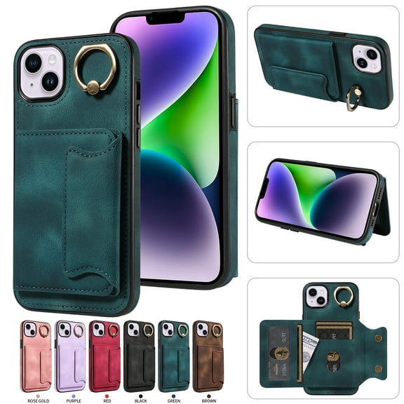Nalacover for iPhone 15 Plus Ring Holder Wallet Case with Kickstand Magnetic Clasp, Credit Card Slots Holder Premium PU Leather Purse Cover, TPU Bumper Shockproof Anti-Scratches Case,Green