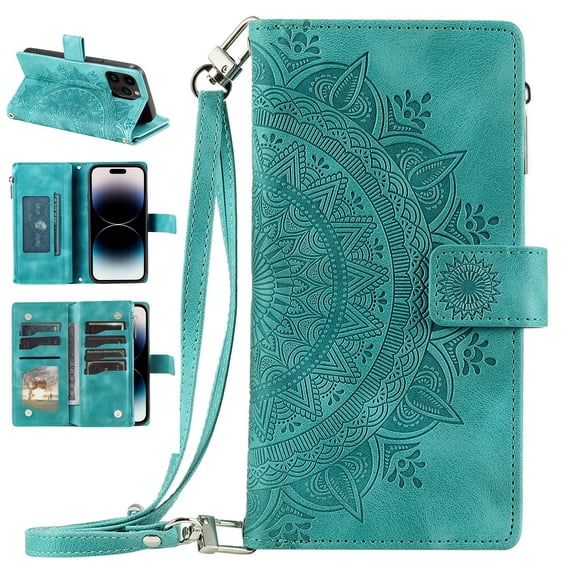 Nalacover for iPhone 15 Pro Embossed Floral Pattern PU Leather Crossbody Case with Shoulder Strap,Shockproof Magnetic Flip Kickstand Credit Card Slots Zipper Pocket Wallet Phone Case,Green