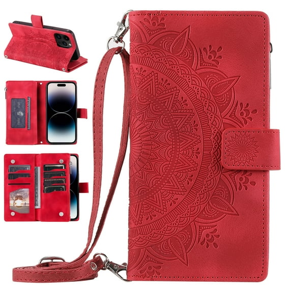 Nalacover for iPhone 15 Pro Embossed Floral Pattern PU Leather Crossbody Case with Shoulder Strap,Shockproof Magnetic Flip Kickstand Credit Card Slots Zipper Pocket Wallet Phone Case,Red