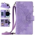 thumbnail image 1 of Nalacover for iPhone 15 Pro Embossed Floral Pattern PU Leather Crossbody Case with Shoulder Strap,Shockproof Magnetic Flip Kickstand Credit Card Slots Zipper Pocket Wallet Phone Case,Purple, 1 of 12