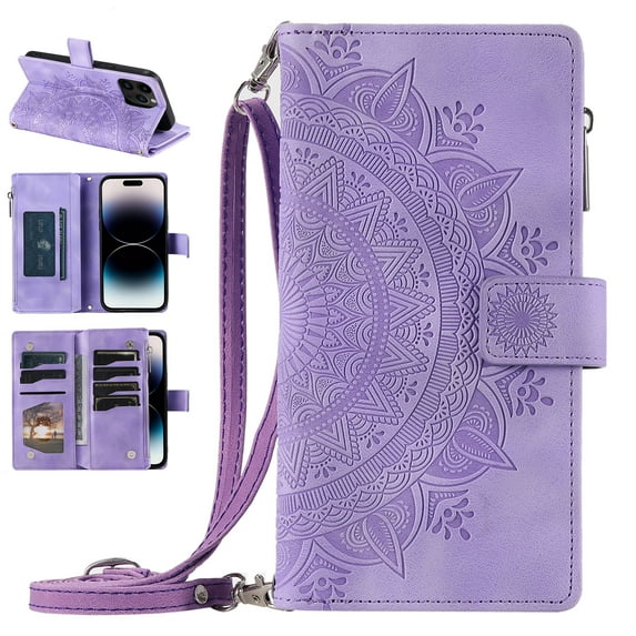 Nalacover for iPhone 15 Pro Embossed Floral Pattern PU Leather Crossbody Case with Shoulder Strap,Shockproof Magnetic Flip Kickstand Credit Card Slots Zipper Pocket Wallet Phone Case,Purple