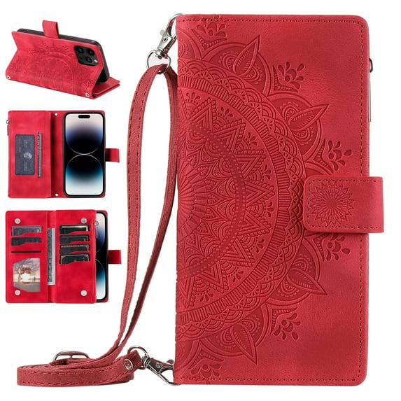 Nalacover for iPhone 15 Pro Embossed Floral Pattern PU Leather Crossbody Case with Shoulder Strap,Shockproof Magnetic Flip Kickstand Credit Card Slots Zipper Pocket Wallet Phone Case,Red