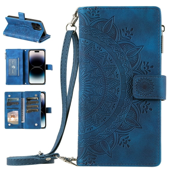 Nalacover for iPhone 15 Pro Max Embossed Floral Pattern PU Leather Crossbody Case with Shoulder Strap,Shockproof Magnetic Flip Kickstand Credit Card Slots Zipper Pocket Wallet Phone Case,Blue