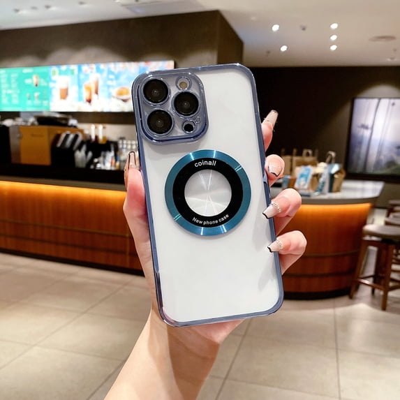 Nalacover for iPhone 15 Pro Max, Logo View, Luxury Clear Plating Bumper with Camera Lens Protector, for Women Men, Shockproof TPU Rubber Soft Slim Phone Cases For iPhone 15 Pro Max, Blue