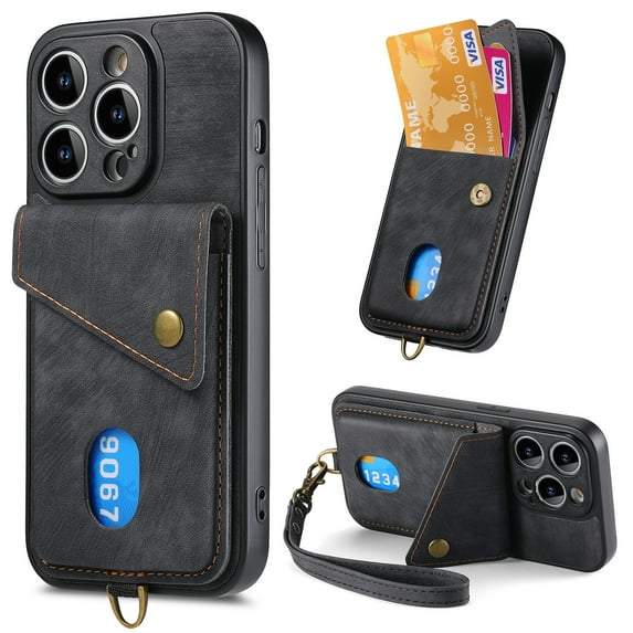 Nalacover for iPhone 15 Pro, Slim Case Wallet with Credit Card Holder, Back Flip Premium Leather Magnetic Clasp Kickstand Wirst Hand Strap Shockproof Cover For iPhone 15 Pro, Black