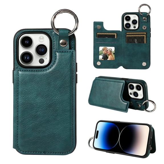 Nalacover for iPhone 15 Pro Wallet Case with Card Slots & Metal Finger Ring, Durable PU Leather Back Double Magnetic Botton Flip Kickstand Purse Shockproof Phone Case,Green