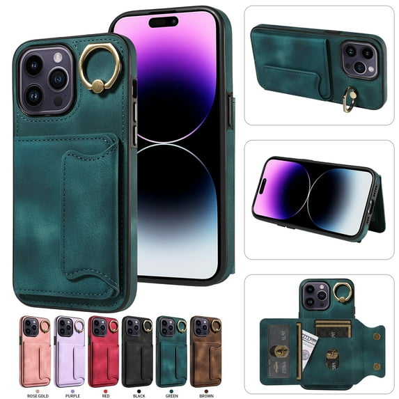 Nalacover for iPhone 15 Ring Holder Wallet Case with Kickstand Magnetic Clasp, Credit Card Slots Holder Premium PU Leather Purse Cover, TPU Bumper Shockproof Anti-Scratches Case,Green