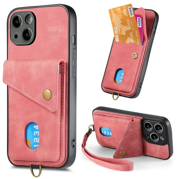 Nalacover for iPhone 15, Slim Case Wallet with Credit Card Holder, Back Flip Premium Leather Magnetic Clasp Kickstand Wirst Hand Strap Shockproof Cover For iPhone 15, Pink