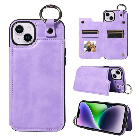 Nalacover for iPhone 15 Wallet Case with Card Slots & Metal Finger Ring, Durable PU Leather Back Double Magnetic Botton Flip Kickstand Purse Shockproof Phone Case,Purple