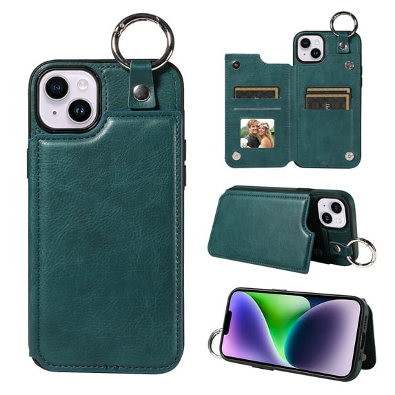 Nalacover for iPhone 15 Wallet Case with Card Slots & Metal Finger Ring, Durable PU Leather Back Double Magnetic Botton Flip Kickstand Purse Shockproof Phone Case,Green