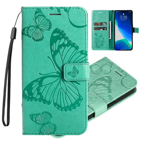 Nalacover For iPhone 16 Case,Slim Embossed Butterfly PU Leather and Soft Inner TPU Flip Kickstand Magnetic Closure Card Slots Wallet Shockproof Cover with Wrist Strap,Green