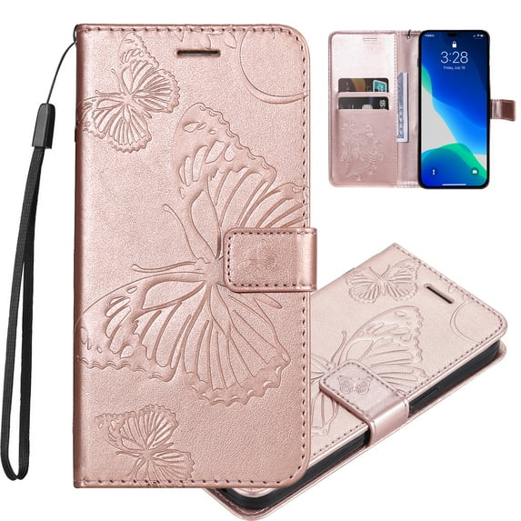 Nalacover For iPhone 16 Plus Case,Slim Embossed Butterfly PU Leather and Soft Inner TPU Flip Kickstand Magnetic Closure Card Slots Wallet Shockproof Cover with Wrist Strap,Rosegold