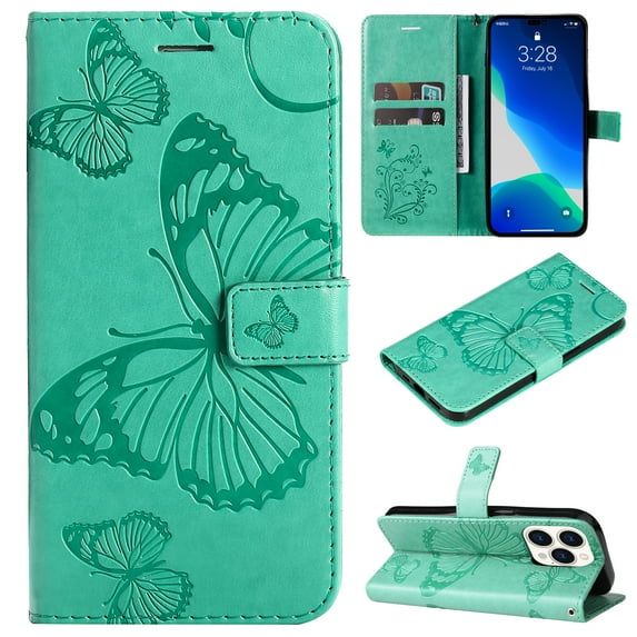 Nalacover For iPhone 16 Pro Case,Slim Embossed Butterfly PU Leather and Soft Inner TPU Flip Kickstand Magnetic Closure Card Slots Wallet Shockproof Cover with Wrist Strap,Green