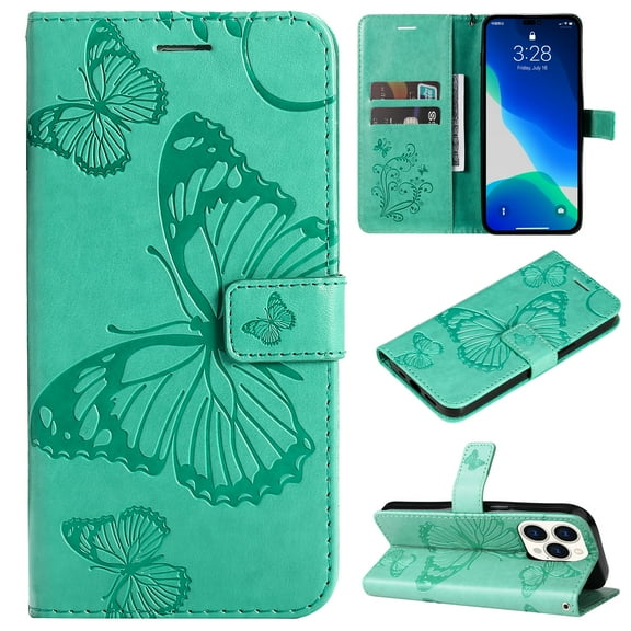 Nalacover For iPhone 16 Pro Case,Slim Embossed Butterfly PU Leather and Soft Inner TPU Flip Kickstand Magnetic Closure Card Slots Wallet Shockproof Cover with Wrist Strap,Green