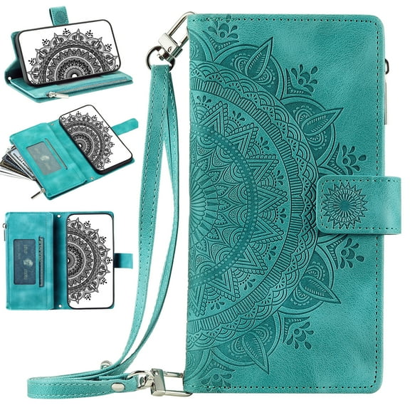 Nalacover for iPhone 7/8/SE 2020/SE 2022 Embossed Floral Pattern PU Leather Crossbody Case with Shoulder Strap,Shockproof Magnetic Flip Stand Credit Card Slots Zipper Pocket Wallet Phone Case,Green