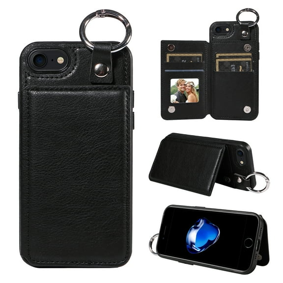 Nalacover for iPhone 7/8/SE 2020/SE 2022 Wallet Case with Card Slots & Metal Finger Ring, Durable PU Leather Back Double Magnetic Botton Flip Kickstand Purse Shockproof Phone Case,Black