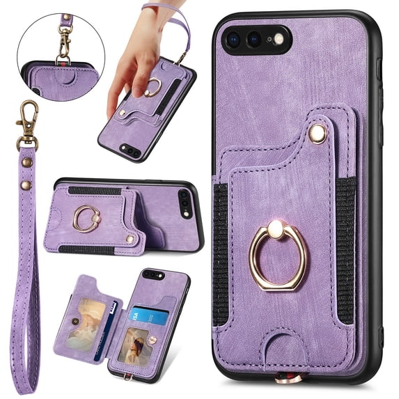 Nalacover For iPhone 7 Plus/8 Plus Case Ring Holder Kickstand with Credit Card Holder, Back Flip Premium Leather Magnetic Clasp Removable Wirst Hand Strap Cover For iPhone 7 Plus/8 Plus, Purple