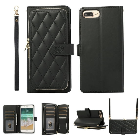 Nalacover for iPhone 8 Plus/7 Plus Premium PU Leather Crossbody Case with Shoulder Strap & Wrist Strap,Shockproof Magnetic Flip Kickstand Credit Card Slots Zipper Wallet Phone Case,Black