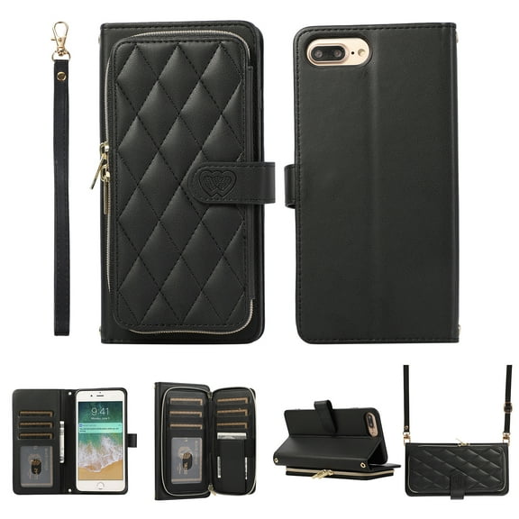 Nalacover for iPhone 8 Plus/7 Plus Premium PU Leather Crossbody Case with Shoulder Strap & Wrist Strap,Shockproof Magnetic Flip Kickstand Credit Card Slots Zipper Wallet Phone Case,Black