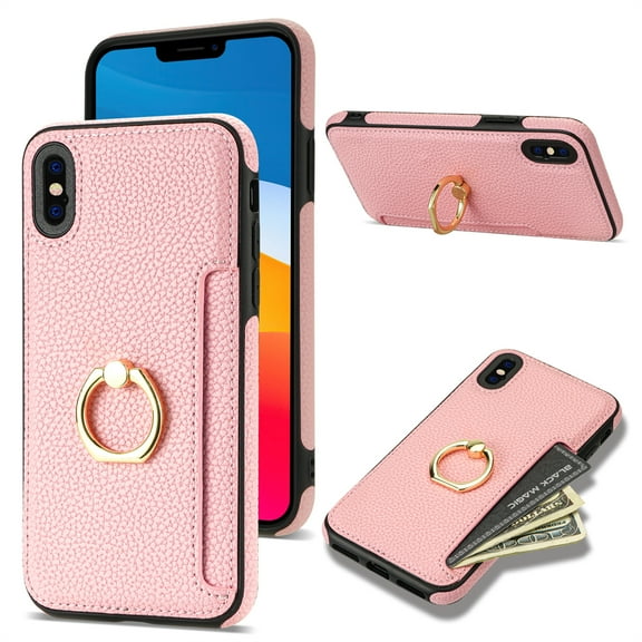 Nalacover for iPhone X / XS Wallet with Card Holder Slot, 360°Rotation Ring Holder Kickstand Cover for Men Women Protective Premium PU Leather Shockproof Cover For iPhone X / XS, Pink