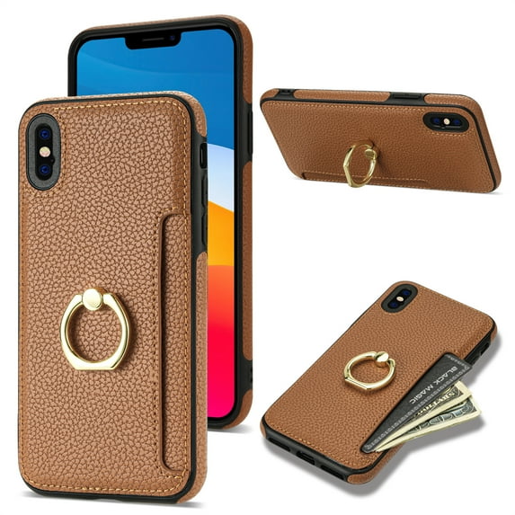 Nalacover for iPhone X / XS Wallet with Card Holder Slot, 360°Rotation Ring Holder Kickstand Cover for Men Women Protective Premium PU Leather Shockproof Cover For iPhone X / XS, Brown