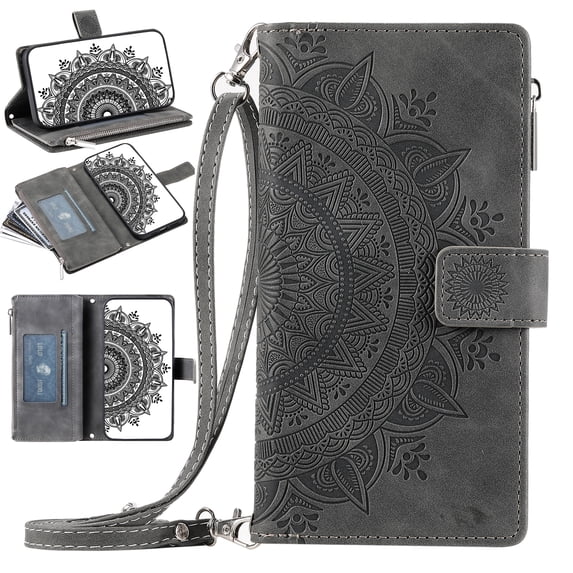 Nalacover for iPhone XR Embossed Floral Pattern PU Leather Crossbody Case with Shoulder Strap,Shockproof Magnetic Flip Kickstand Credit Card Slots Zipper Pocket Wallet Phone Case,Gray