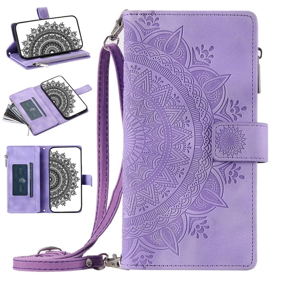 Nalacover for iPhone XR Embossed Floral Pattern PU Leather Crossbody Case with Shoulder Strap,Shockproof Magnetic Flip Kickstand Credit Card Slots Zipper Pocket Wallet Phone Case,Purple