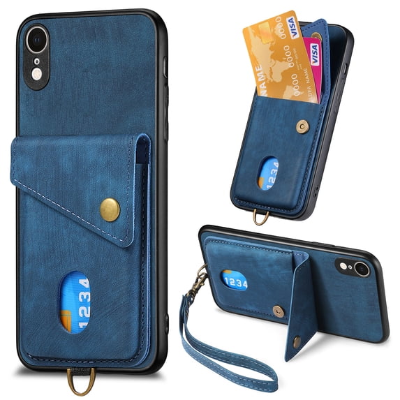 Nalacover for iPhone XR, Slim Case Wallet with Credit Card Holder, Back Flip Premium Leather Magnetic Clasp Kickstand Wirst Hand Strap Shockproof Cover For iPhone XR, Blue