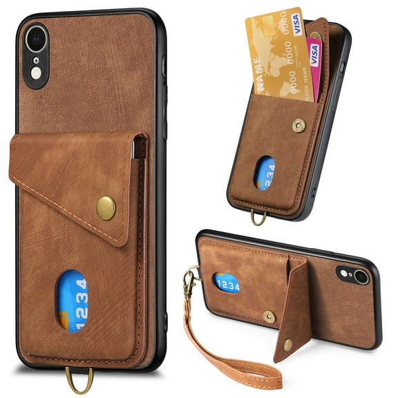 Nalacover for iPhone XR, Slim Case Wallet with Credit Card Holder, Back Flip Premium Leather Magnetic Clasp Kickstand Wirst Hand Strap Shockproof Cover For iPhone XR, Brown