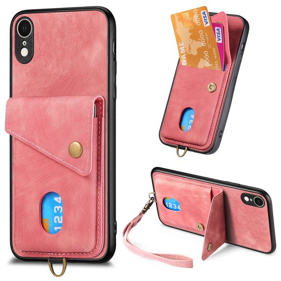 Nalacover for iPhone XR, Slim Case Wallet with Credit Card Holder, Back Flip Premium Leather Magnetic Clasp Kickstand Wirst Hand Strap Shockproof Cover For iPhone XR, Pink
