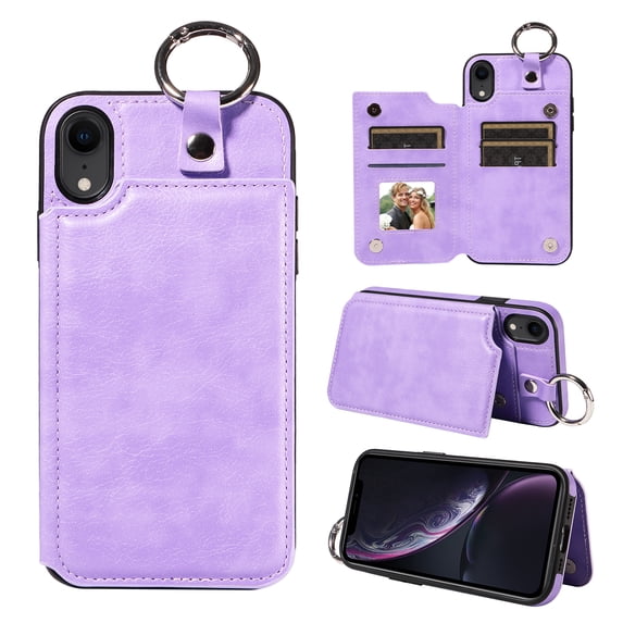 Nalacover for iPhone XR Wallet Case with Card Slots & Metal Finger Ring, Durable PU Leather Back Double Magnetic Botton Flip Kickstand Purse Shockproof Phone Case,Purple