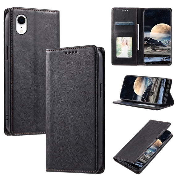 Nalacover for iPhone XR Wallet Case, Vintage PU Leather Book Folding Folio Case with Credit Card Slots Hidden Magnetic Closure Flip Kickstand Shockproof Slim Phone Case,Black