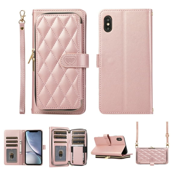 Nalacover for iPhone XS Max Premium PU Leather Crossbody Case with Shoulder Strap & Wrist Strap,Shockproof Magnetic Flip Kickstand Credit Card Slots Zipper Wallet Phone Case,Rosegold