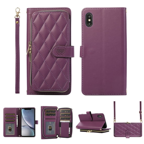 Nalacover for iPhone XS Max Premium PU Leather Crossbody Case with Shoulder Strap & Wrist Strap,Shockproof Magnetic Flip Kickstand Credit Card Slots Zipper Wallet Phone Case,Darkpurple