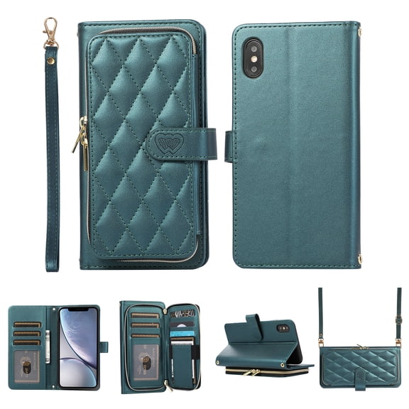 Nalacover for iPhone XS Max Premium PU Leather Crossbody Case with Shoulder Strap & Wrist Strap,Shockproof Magnetic Flip Kickstand Credit Card Slots Zipper Wallet Phone Case,Darkgreen