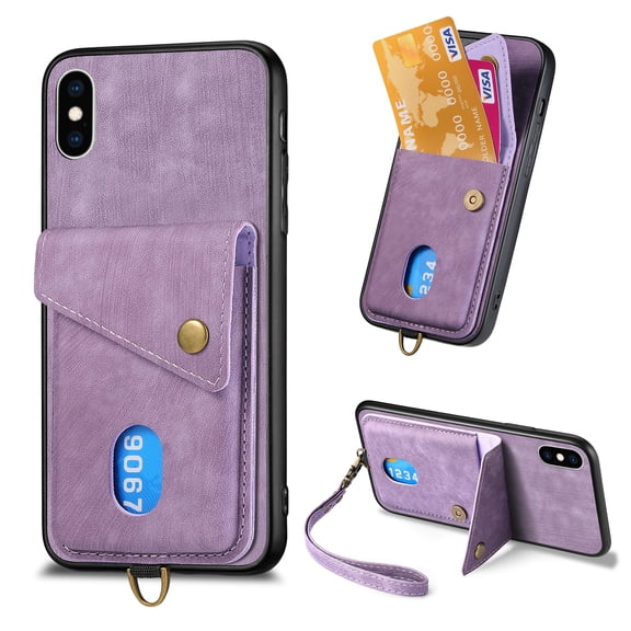 Nalacover for iPhone XS Max, Slim Case Wallet with Credit Card Holder, Back Flip Premium Leather Magnetic Clasp Kickstand Wirst Hand Strap Shockproof Cover For iPhone XS Max, Purple