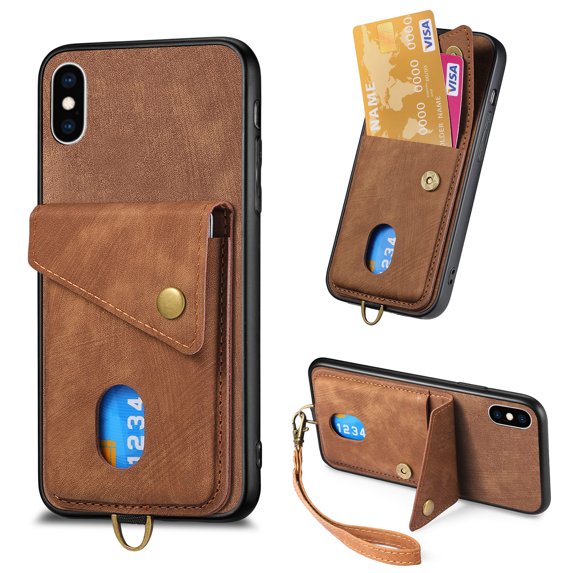 Nalacover for iPhone XS Max, Slim Case Wallet with Credit Card Holder, Back Flip Premium Leather Magnetic Clasp Kickstand Wirst Hand Strap Shockproof Cover For iPhone XS Max, Brown