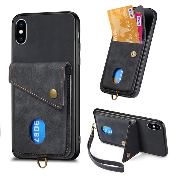 Nalacover for iPhone XS Max, Slim Case Wallet with Credit Card Holder, Back Flip Premium Leather Magnetic Clasp Kickstand Wirst Hand Strap Shockproof Cover For iPhone XS Max, Black