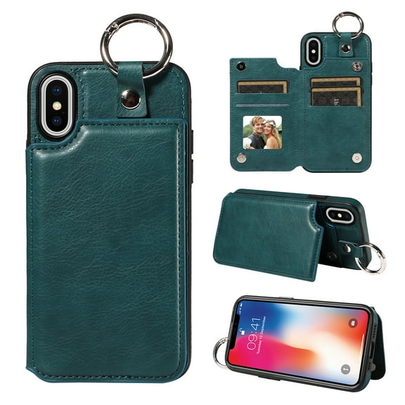 Nalacover for iPhone XS Max Wallet Case with Card Slots & Metal Finger Ring, Durable PU Leather Back Double Magnetic Botton Flip Kickstand Purse Shockproof Phone Case,Green