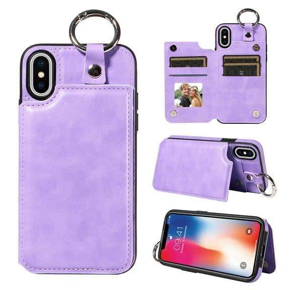 Nalacover for iPhone XS/X Wallet Case with Card Slots & Metal Finger Ring, Durable PU Leather Back Double Magnetic Botton Flip Kickstand Purse Shockproof Phone Case,Purple