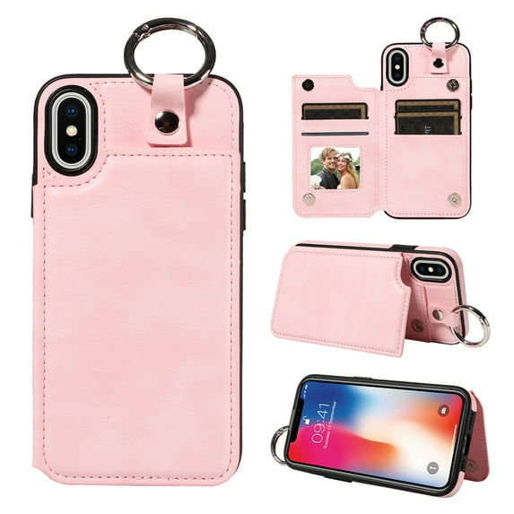 Nalacover for iPhone XS/X Wallet Case with Card Slots & Metal Finger Ring, Durable PU Leather Back Double Magnetic Botton Flip Kickstand Purse Shockproof Phone Case,Rosegold