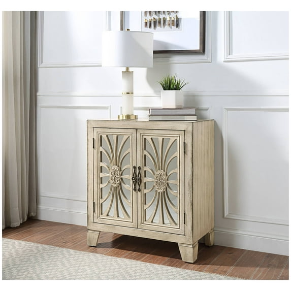 Nalani Antique White Finish Console Cabinet White + Glass,Synthetic Wood