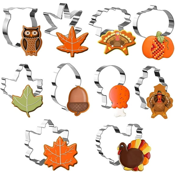 Naler 10 Piece Thanksgiving Cookie Cutters Set,Turkey Pumpkin Fall Leaf Owl Cookie Molds,Stainless Steel