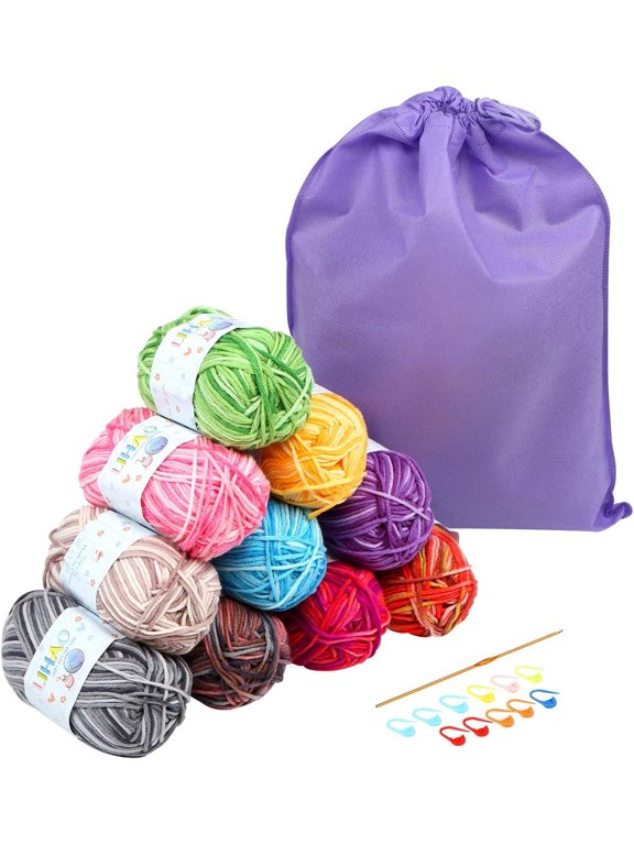10 Skeins 100% Acrylic Yarns,10 Colors Crafting Knitting Crochet Yarn Set,Purple Storage Bag,1.76oz/50g,1640 Yards